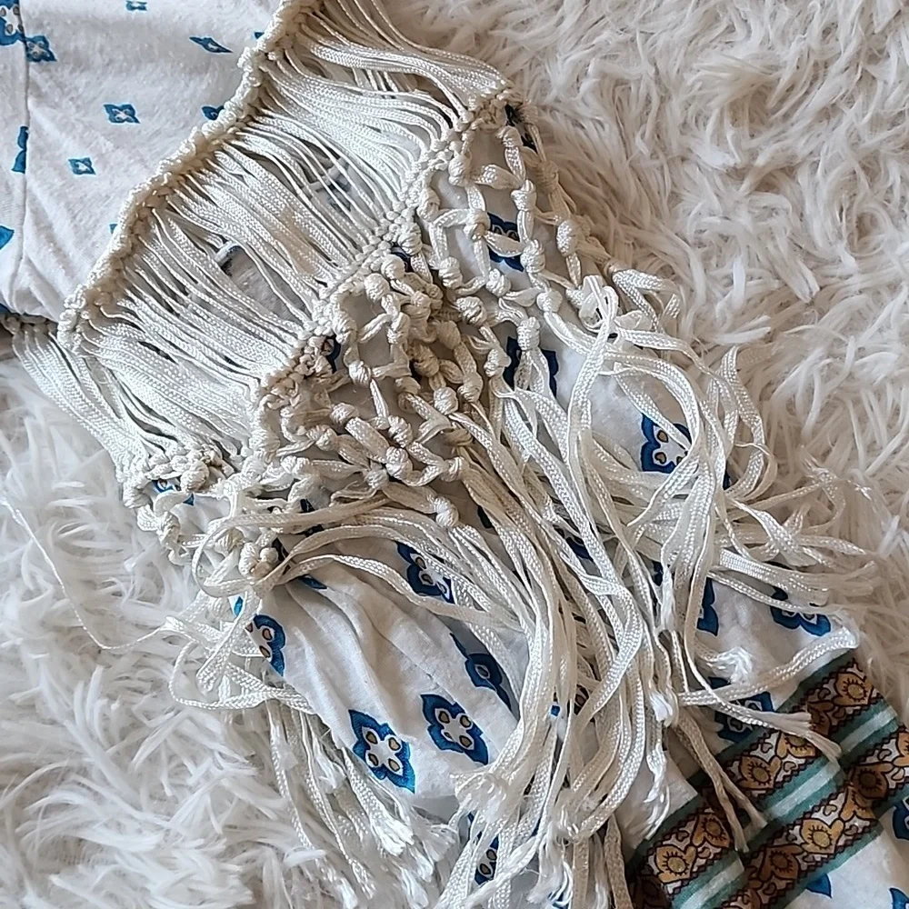 Free People Bohemian Fringe V-Neck Top - White and Blue
